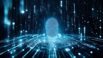 Digital fingerprint against a blue background with glowing data elements representing security technology