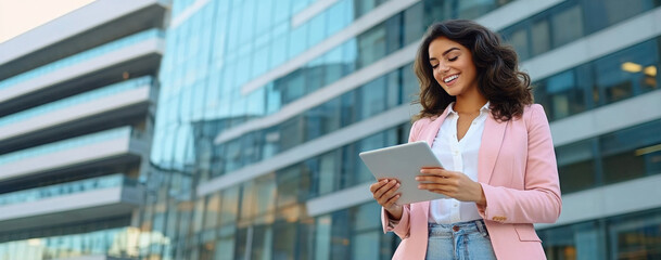 Banner of young middle eastern Israel businesswoman using tablet pc application for online remote work at office business building outdoors. Indian or arabic woman holding digital computer. Copy space