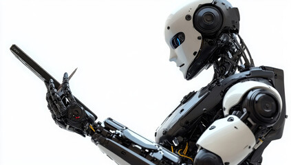 Fototapeta premium The robot is holding a tablet 