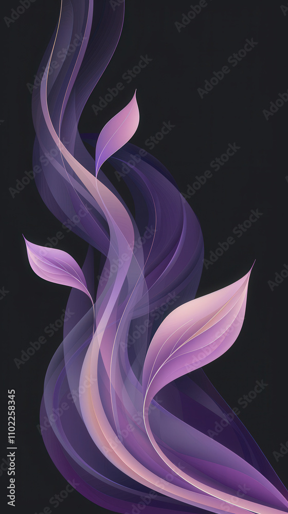 Poster Swirling purple shapes intertwine with soft leaves, creating a serene and elegant abstract design against a dark backdrop