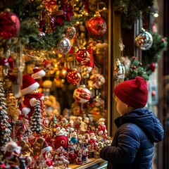 Fototapeta premium Little boy admires Christmas decorations in showcase of shop on winter evening. Tourist looking on Xmas toys and accessories on traditional Christmas market in Tallinn, Estonia.