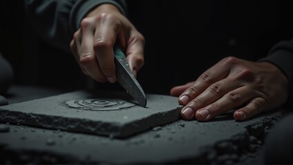 Close-up of hands carving stone, detailed craftsmanship, focus on precision, artistry in action, dust particles visible. Generative, AI,
