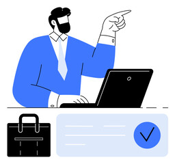 Man in blue suit pointing while working on laptop with briefcase and check mark. Ideal for business, office, leadership, decision-making, project management, work efficiency, goal setting. Line