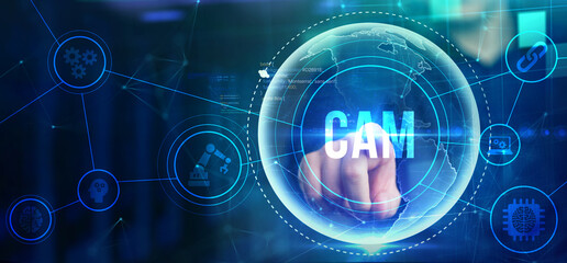 CAM Computer-aided manufacturing industrial technology automation concept.
