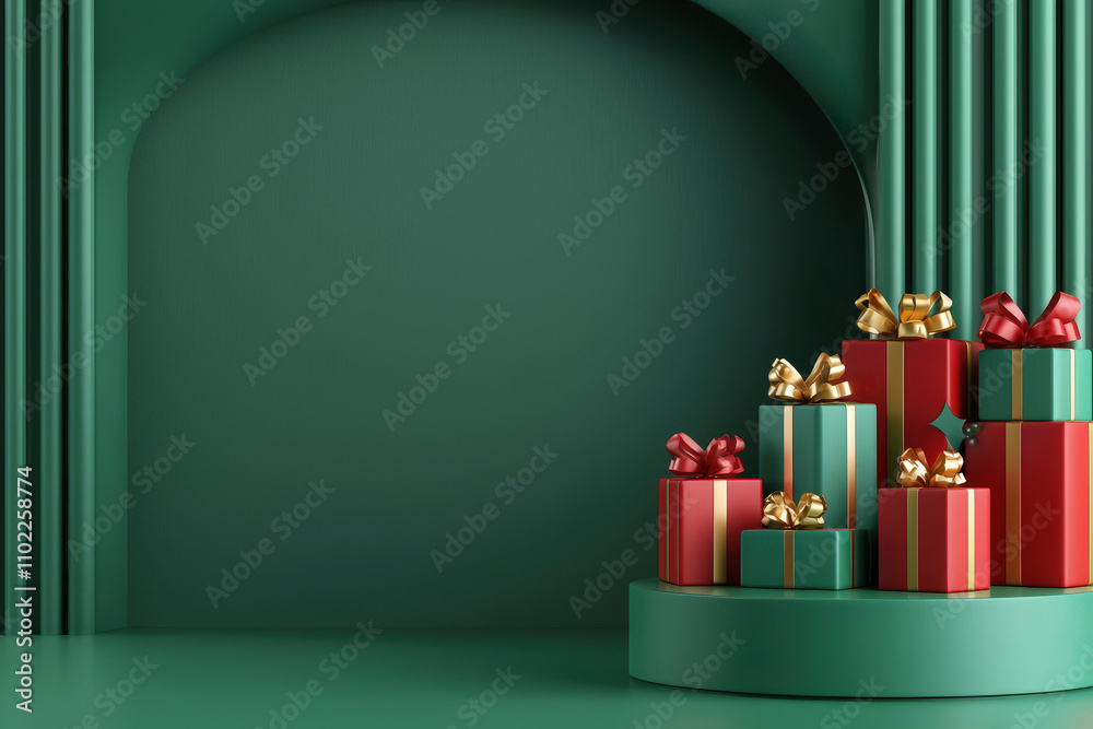 Poster a collection of vibrant gift boxes in red and green with golden ribbons is arranged on a circular st