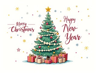 Obraz premium Merry Christmas tree and Happy New Year greeting card Illustration