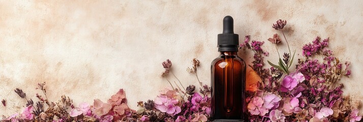 Natural Skincare Concept with Essential Oil Bottle and Floral Arrangement for Holistic Beauty. Generative ai