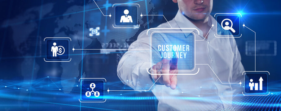 Inscription Customer journey on the virtual display. Business Technology Internet and network concept.