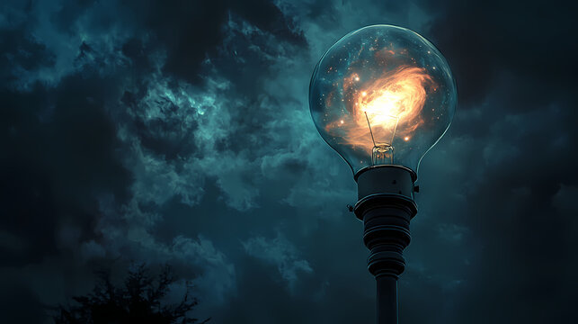 Streetlight with galaxy inside the lightbulb. Phantasmagoric. Illustration