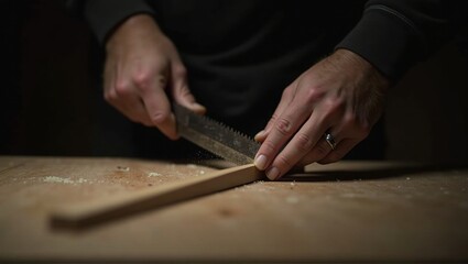 Close-up of hands sawing wood with a hand saw on a workbench, focus on the tool and action. Generative, AI,