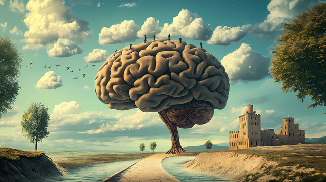Surreal brain landscape with clouds conceptualizing the vastness of human imagination and creativity. Phantasmagoric. Illustration