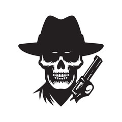Scary skull wearing a hat silhouette vector art black color design and solid white background 