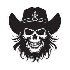 Scary skull wearing a hat silhouette vector art black color design and solid white background 