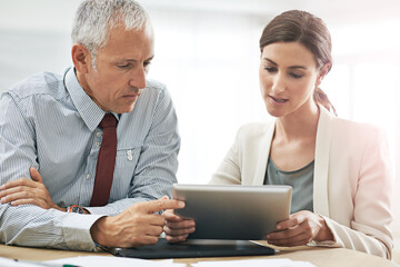 Collaboration, business people and tablet for planning, coaching or feedback with mature mentor. Training intern, teamwork and manager with tech for help with investment or finance results in office