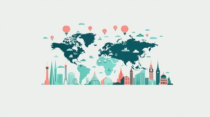 Obraz premium A world map with travel icons illustrating points of interest, landmarks, and cultural attractions.