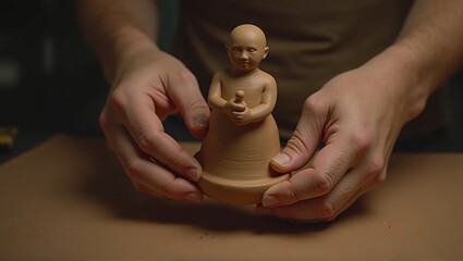 Hands shaping a clay figure, creativity in progress, art and craft, focused manual work. Generative, AI,