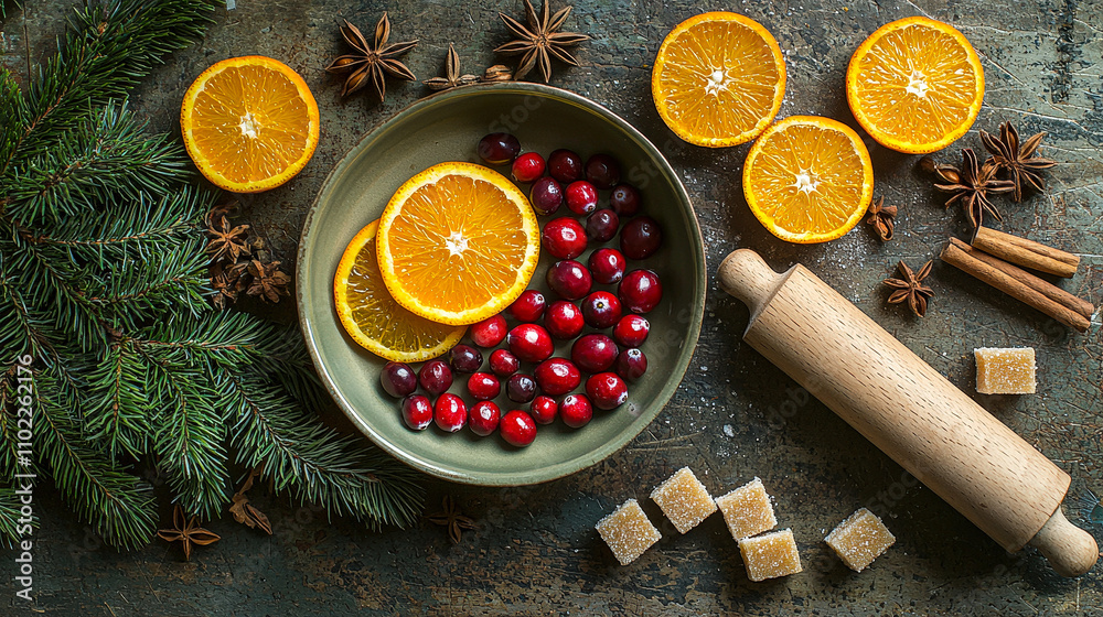 Poster fresh cranberries and bright orange slices are surrounded by spices and sugar cubes on a textured su