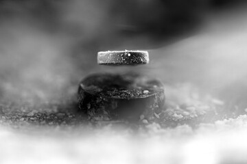 Quantum Levitation, Levitating Neodimium Magnet Within Mist Produces By Liquid Nirogen on Superconductor Material High-temperature Superconductivity Liquid Nitrogen Refrigerated Ceramic