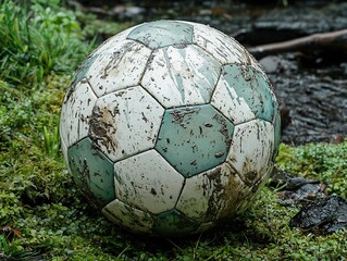 Mud Stained Soccer Ball Resting in Grass After Rainy Match Symbolizing Competition and Struggle