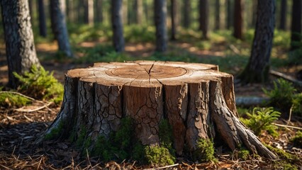 Cut tree stump empty mockup surface in a forest of trees background
