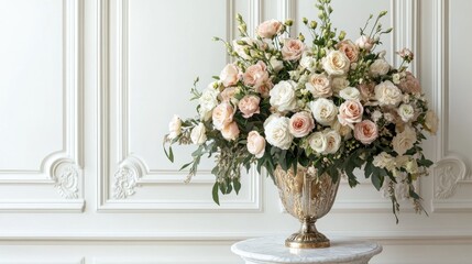 Fototapeta premium Elegant Arrangement of Soft Pink and White Roses in Decorative Vase