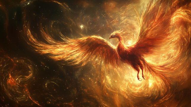 In a fantastical realm of animated wonder, a mesmerizing phantasmagoric nebulous phoenix soars, its ever-shifting form reminiscent of swirling galaxies. Phantasmagoric. Illustration