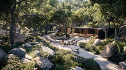 Fototapeta premium Tranquil Oasis: Rustic Retreat Surrounded by Nature's Embrace