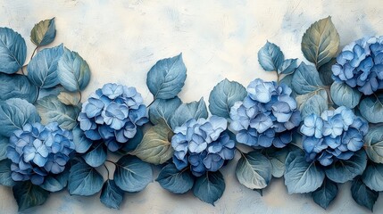 A decorative arrangement of blue hydrangeas with leaves on a textured background.