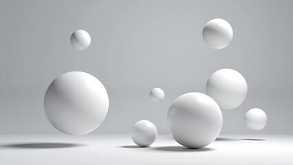 Minimalistic white spheres floating in a subtle gray environment