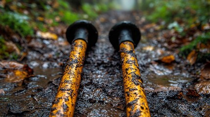 Fototapeta premium Mud Splattered Hiking Poles on Woodland Trail Symbolize Overcoming Challenges