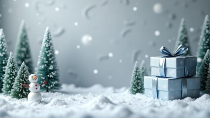 Obraz premium Snowy forest with frosted pine trees, cheerful snowman, and elegant blue gift boxes tied with silver ribbons. A magical holiday ambiance with falling snow.