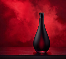 Minimalistic black perfume bottle with label, red background