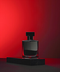 Minimalistic black perfume bottle with label, red background