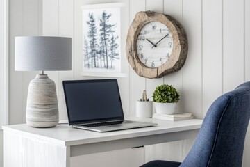 coastal workspace design, a driftwood clock in a coastal office nook with ocean prints and a white desk creates a serene space for creative ideas