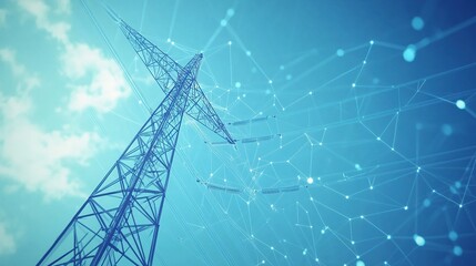 High-voltage transmission tower with digital network connections overlay against a blue sky, symbolizing energy, technology, and communication infrastructure