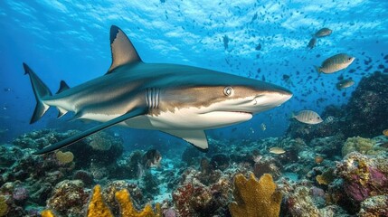 Fototapeta premium Shark Swimming Gracefully Through Vibrant Coral Reef Ecosystem