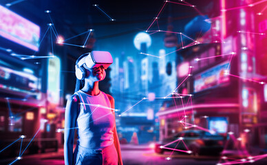 Smart female standing in cyberpunk style building in wear VR headset connecting metaverse, future cyberspace community technology, Woman raising head looking virtual construction. Hallucination.