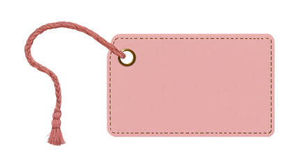 Pink rectangular tag with leather stitching, tassel on the left side, isolated on a transparent background.