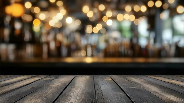 Rustic wooden table surface with blurred bar lights background. Festive restaurant atmosphere with bokeh effect. Empty tabletop for product display with copy space