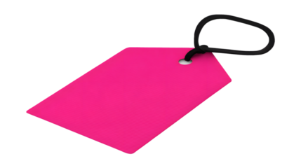 A pink blank price tag with a black string on a transparent background.