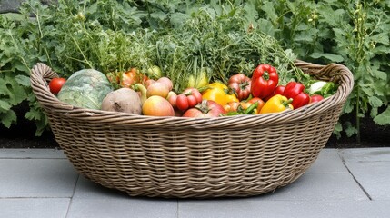 Fresh Organic Vegetables in a Woven Basket Surrounded by Greenery