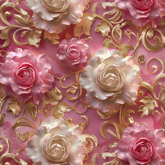 3D roses pinks, from light to dark, with intricate gold 