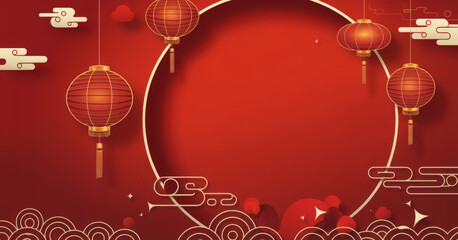 Happy Chinese new year 2023. Chinese new year banner with circle for show product. Greeting card. China frame with lantern on red background. 
