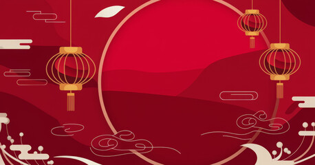Fototapeta premium Happy Chinese new year 2023. Chinese new year banner with circle for show product. Greeting card. China frame with lantern on red background. 