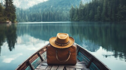 Obraz premium Vintage Suitcase and Hat on Boat in Serene Nature Landscape