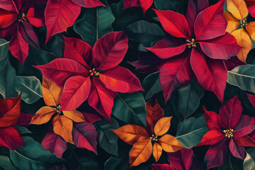 vibrant dark poinsettia floral pattern in an impressionist style, ideal for luxurious and dramatic Christmas and holiday designs