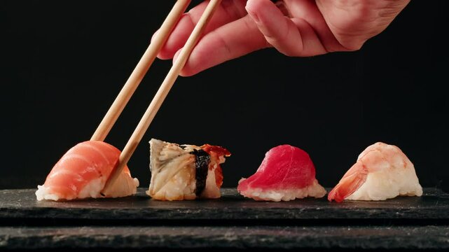 Sashimi Nigiri Platter, japanese sushi restaurant, Fresh Tuna and Salmon Slices in modern cafe, traditional food, raw red fish dish, omega 3.