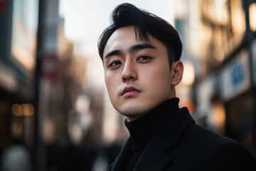 Obraz premium 人混みの中で自信に満ちた表情を浮かべる男性のポートレート