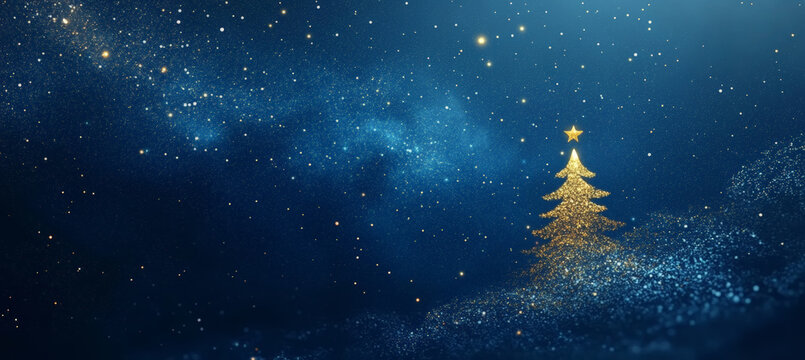 Starry night sky background with a golden Christmas tree in a blue color. Holiday greeting card