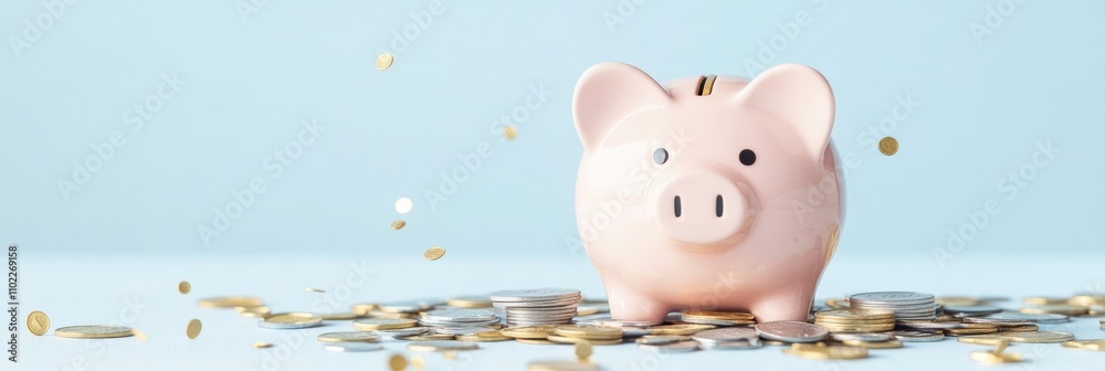 Poster pink piggy bank standing on a pile of various coins with falling coins and confetti on a light blue 